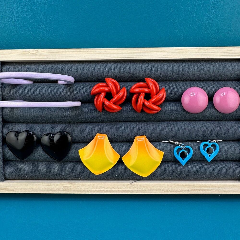 Vintage Retro Earrings Lot Color Enamel on Metal 1980s Pierced Hoop Heart Stud